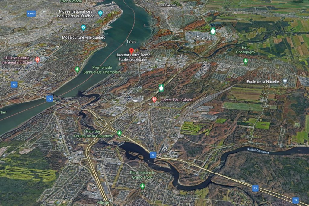 Vue aérienne de Lévis, d’une partie de la ville de Québec, du fleuve Saint-Laurent et de la rivière Chaudière. Source Google Earth.